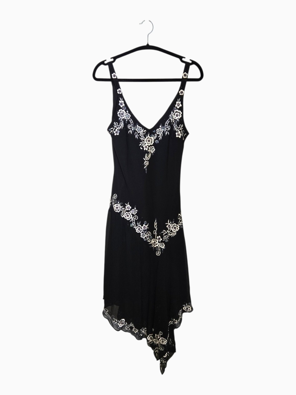 Vintage Whimsical Black Floral Embroidered Asymetrical Slip Dress !